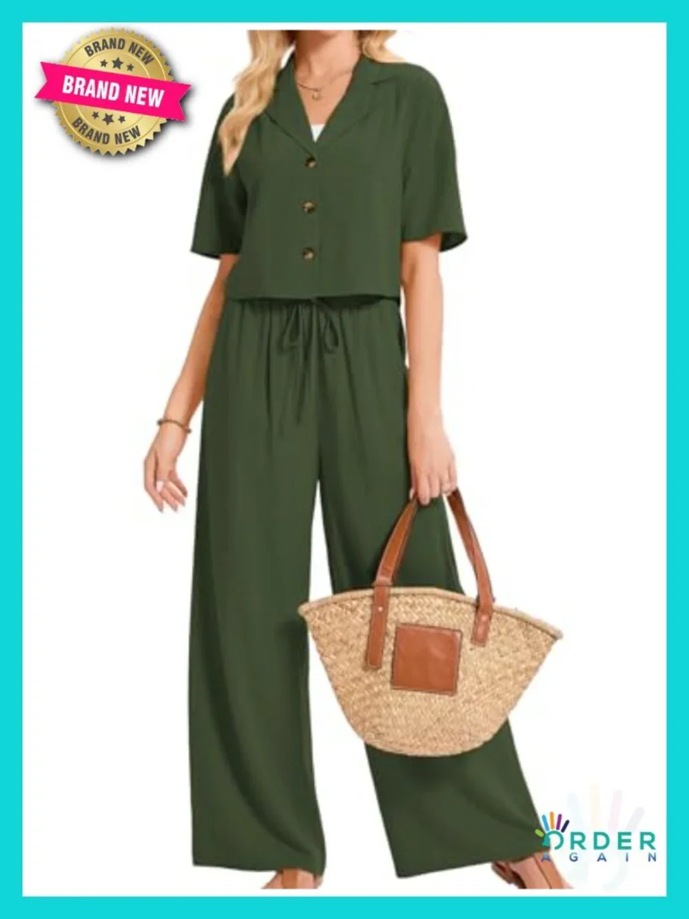Linen 2 Piece Set Short Sleeve Shirt Wide Leg Pants Business Casual Matching Set